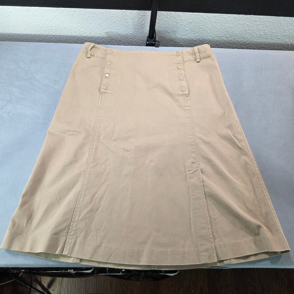 Talbots Womens Size 10 Tan Khaki Cotton Stretch‎ Sailor Button Front Midi Skirt